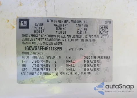 2016 Chevrolet Express 2500 Work Van from USA, damaged, VIN 1GCWGAFF4G1118399